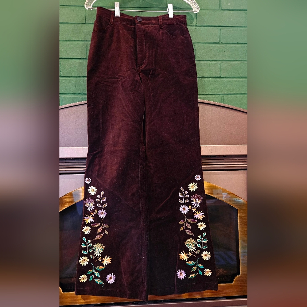 NWOT Princess Highway Embroidered Velvet Pants in Deep Brown